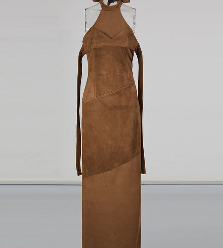 Solid Slimming Spliced Lace Up Elegant Dresses for Women Halter Sleeveless Backless Temperament Long Dress Female