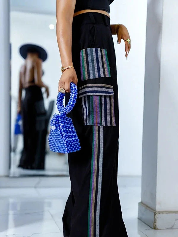 Split-joint Female Loose Wide Leg Trousers Summer Spring Striped High Waisted Pants with Pockets for Women