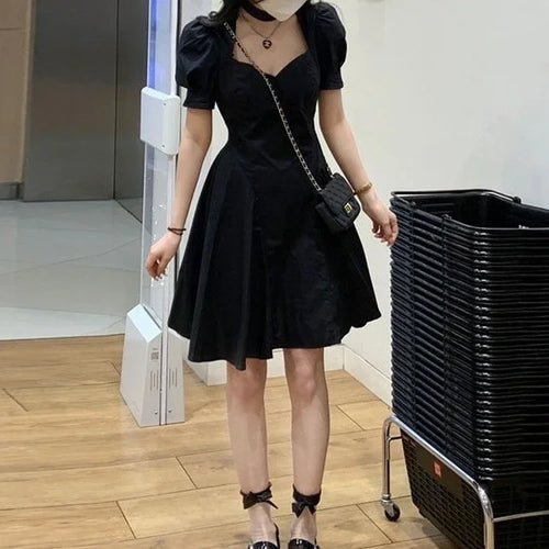 Load image into Gallery viewer, Sweet Kawaii Black Mini Dress Women Korean Style Wrap Puff Sleeve Short Dresses Summer Sundress Robes Female

