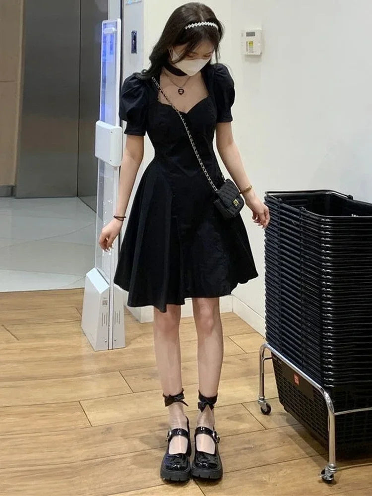 Sweet Kawaii Black Mini Dress Women Korean Style Wrap Puff Sleeve Short Dresses Summer Sundress Robes Female