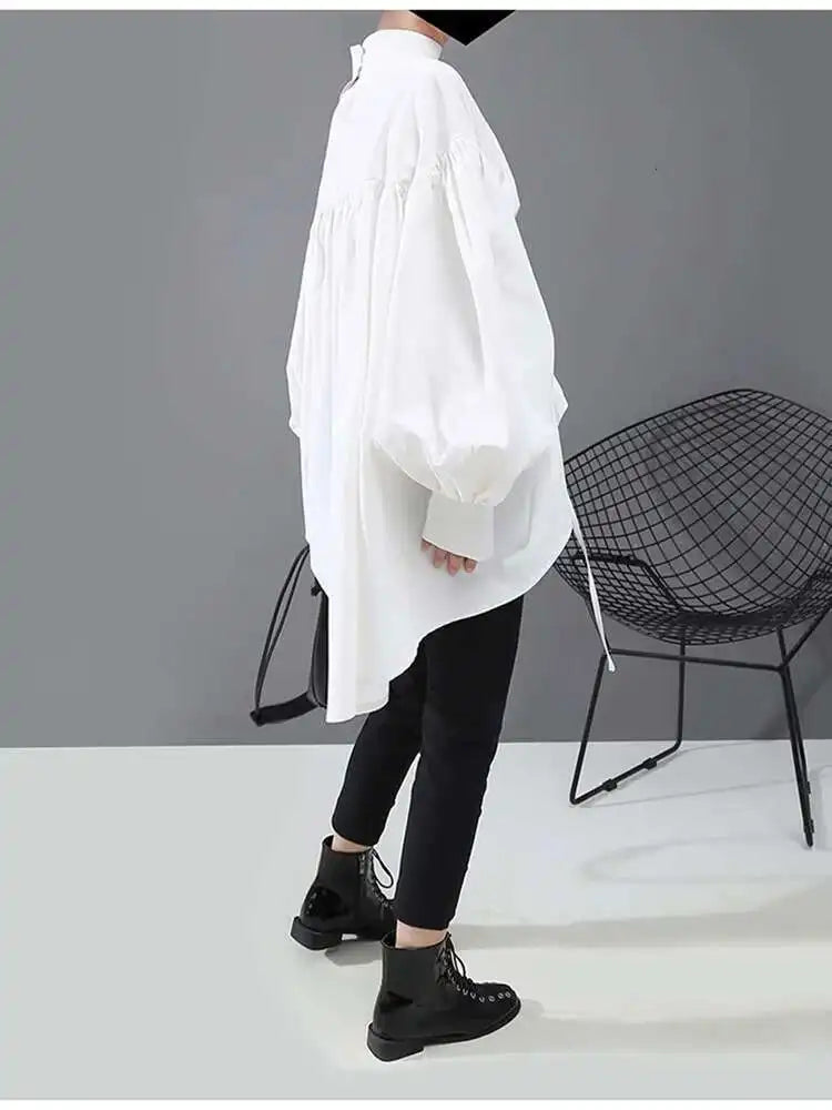 Women Back Long Drawstring Big Size Blouse New Satnd Collar Long Sleeve Loose Fit Shirt Fashion Spring Autumn 2025 1Z189