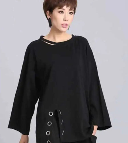 Spring Summer  Black Full Sleeve O Collar Split Pullover Personality Women Fashion Tide Loose Casual T-shirt OA881