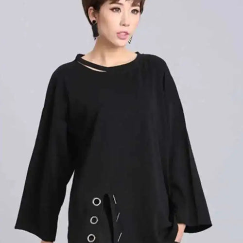 Load image into Gallery viewer, Spring Summer  Black Full Sleeve O Collar Split Pullover Personality Women Fashion Tide Loose Casual T-shirt OA881
