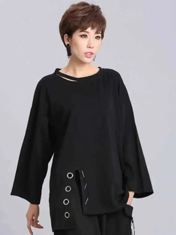 Spring Summer  Black Full Sleeve O Collar Split Pullover Personality Women Fashion Tide Loose Casual T-shirt OA881