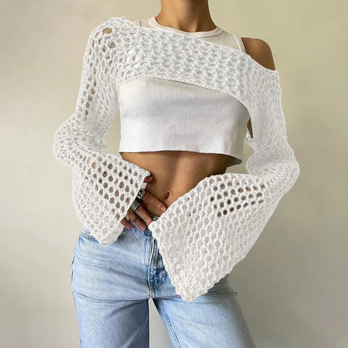 Load image into Gallery viewer, New Harajuku Grunge Solid Slash Neck Women Crop Pullovers Y2k Aesthetic Knitted Sexy Sweaters Streetwear Hollow Out Autumn Tops
