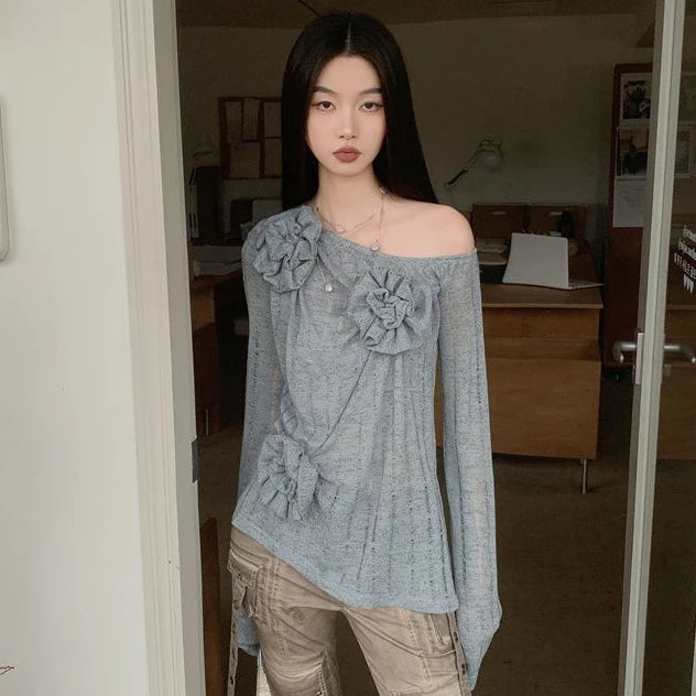 2025 Y2k Aesthetic Vintage Solid Knitted Tees Spring Streetwear 3D Flower Tshirts Women Harajuku Grunge Skew Collar Grunge Tops