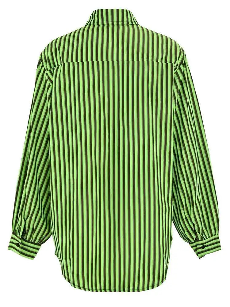 Women Green Striped Big Size Casual Blouse New Lapel Long Sleeve Loose Fit Shirt Fashion Tide Spring Autumn 2025 CPG0655