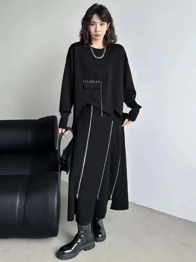 Black Topstitched Irregular Hem Sweatshirt New Round Neck Long Sleeve Women Big Size Fashion Spring Autumn 2025 1DH7646