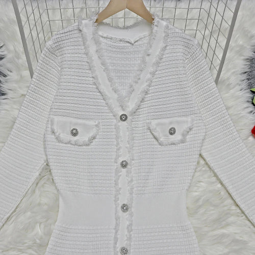 Load image into Gallery viewer, Autumn 2024 New Fashion White V-neck Long Sleeve Single Breasted Knit Long Dress Women Black Temperament Elegant Office Dresses
