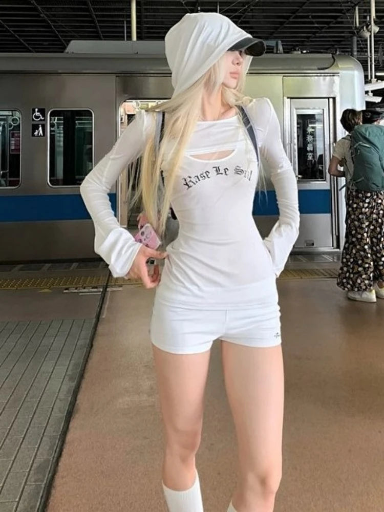 Y2k Aesthetic Two Piece Sets Streetwear Fairy Casual Crop Hooded Tops + Harajuku Letter Print Slim Fit Vest Female Grunge Suit