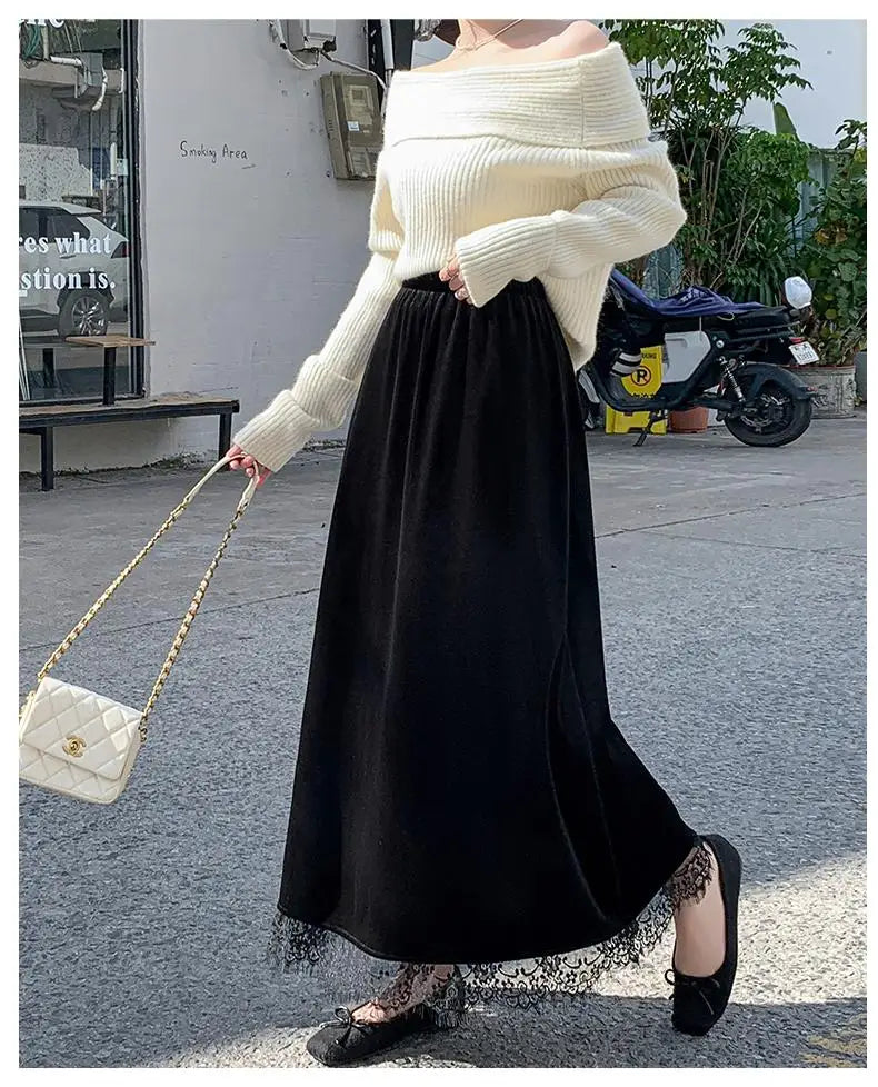 French Fashion Women Black Velvet Lace Elegant Vacation Pleated Long Skirt 2024 Autumn Winter New Elastic High Waist Party Skirt