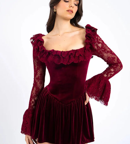 Elegant Long Sleeve Lace Patchwork Tight Dress Women Sexy Trumpet Sleeves Slim Skirt Autumn/Winter New 2025 Vestido