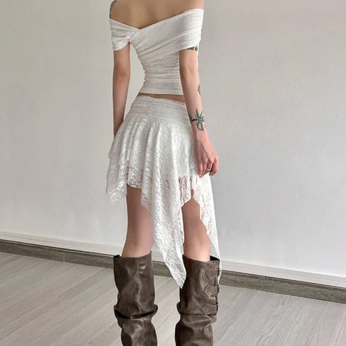 Load image into Gallery viewer, Y2k Aesthetic Lace Jacquard Vintage Tees 2025 Streetwear Fairy Slash Neck Cropped Tshirts Women Harajuku Grunge 3D Flower Tops
