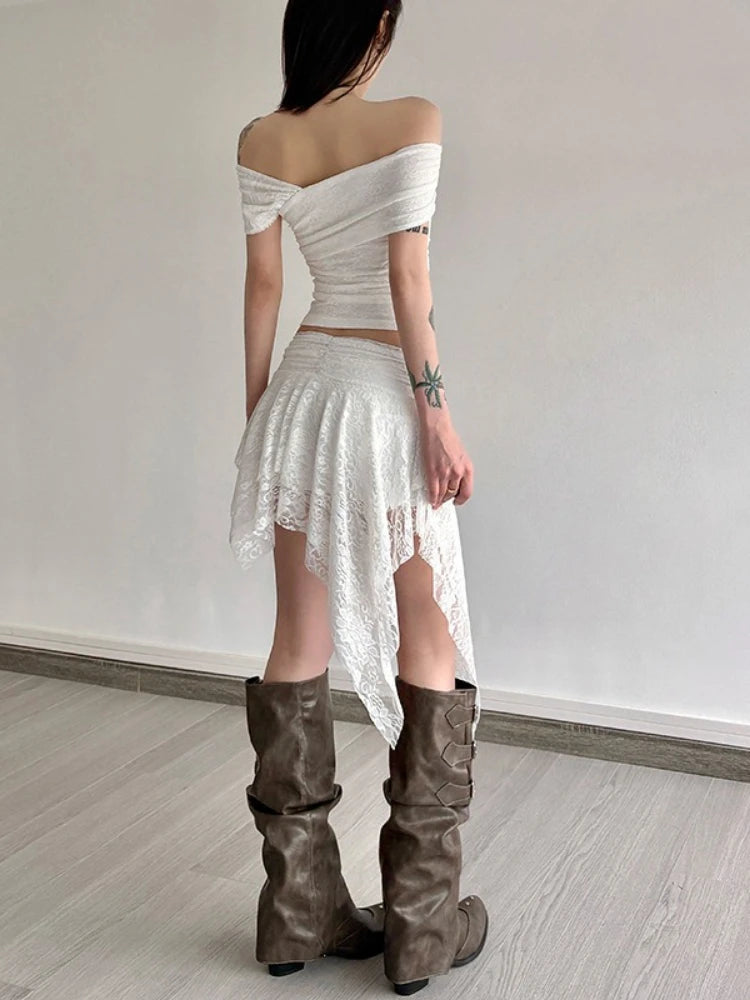 Y2k Aesthetic Lace Jacquard Vintage Tees 2025 Streetwear Fairy Slash Neck Cropped Tshirts Women Harajuku Grunge 3D Flower Tops