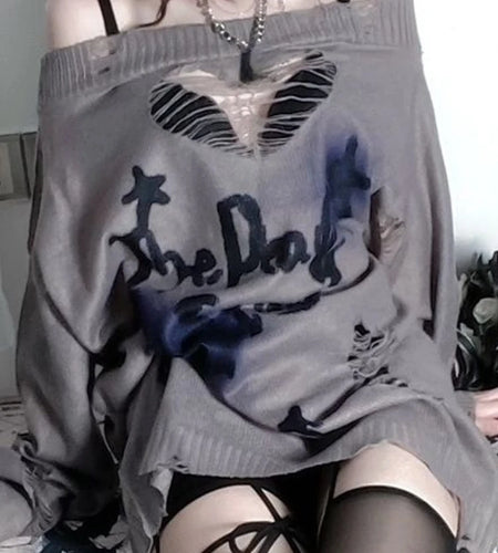 Y2k Aesthetic Slash Neck Spring Women Sweaters Holes Loose Punk Grunge Knitted Sexy Pullovers Long Sleeve Hollow Out Pull Femme