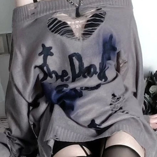 Load image into Gallery viewer, Y2k Aesthetic Slash Neck Spring Women Sweaters Holes Loose Punk Grunge Knitted Sexy Pullovers Long Sleeve Hollow Out Pull Femme
