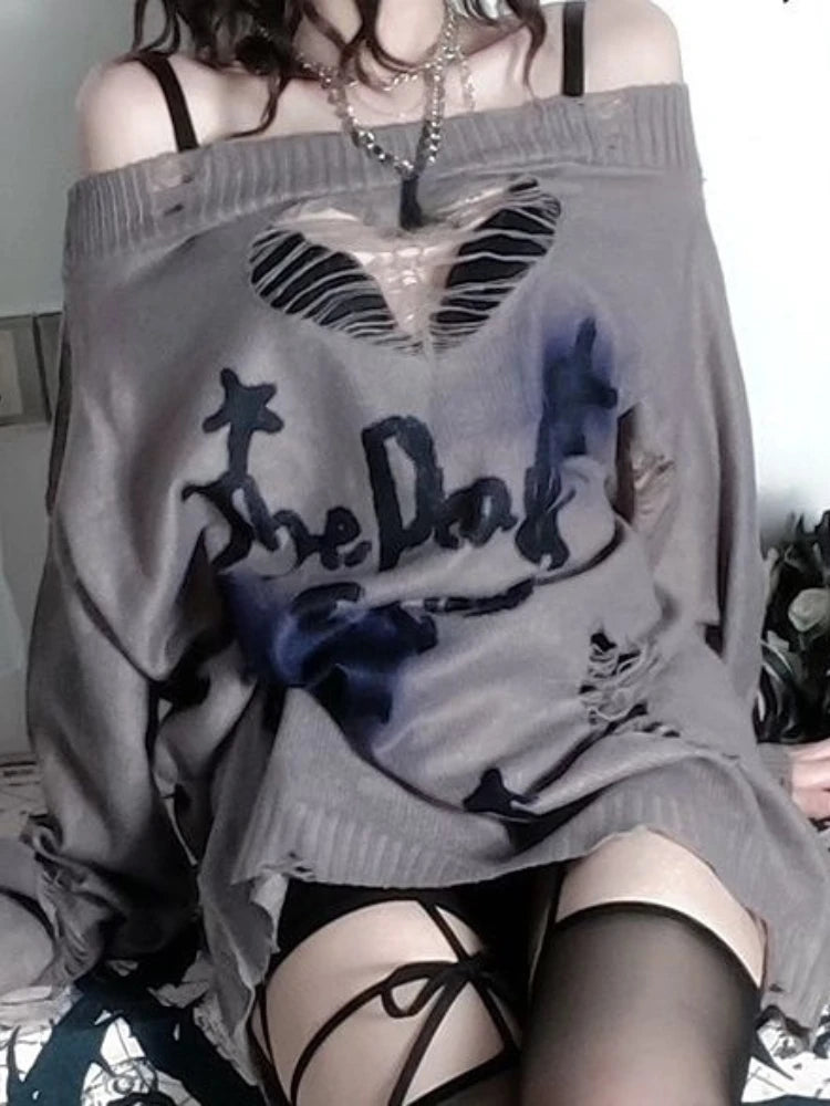 Y2k Aesthetic Slash Neck Spring Women Sweaters Holes Loose Punk Grunge Knitted Sexy Pullovers Long Sleeve Hollow Out Pull Femme