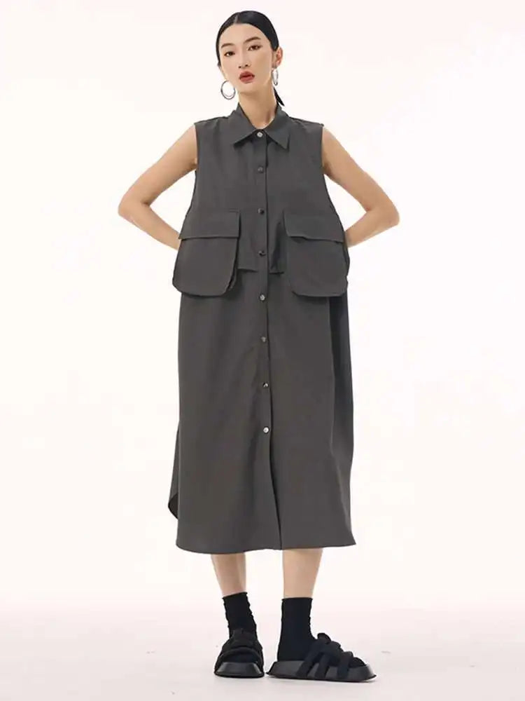 Women Black Shaped Pockets Big Size Midi Shirt Vest Dress New Lapel Sleeveless Fashion Tide Spring Autumn 2025 1DH9471
