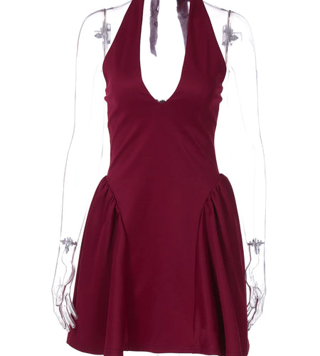 Halter Solid V Neck Backless Bandage Sexy Bodycon Mini Pleated Dress Winter Elegant Women Outfit Evening Party Festival