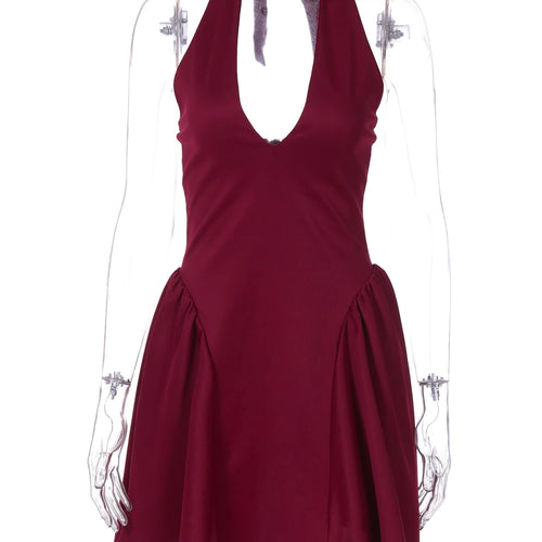 Load image into Gallery viewer, Halter Solid V Neck Backless Bandage Sexy Bodycon Mini Pleated Dress Winter Elegant Women Outfit Evening Party Festival
