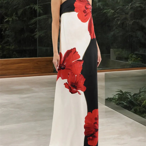 Load image into Gallery viewer, Strapless Floral Print Sexy Maxi Dress Women Gown Off-shoulder Sleeveless Backless A-line Club Long Dress Vestido
