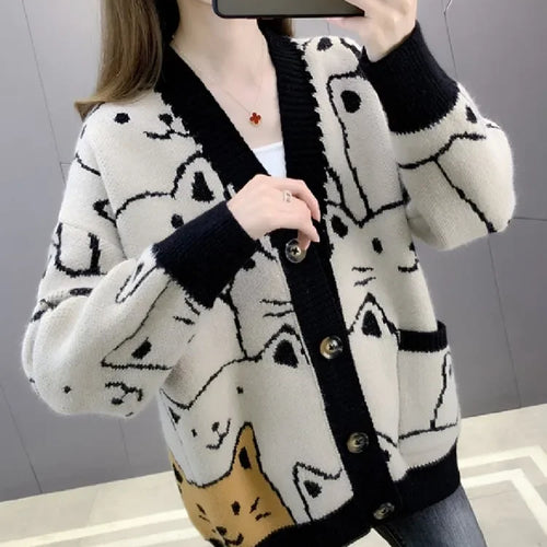 Load image into Gallery viewer, Cartoon Cat knitted cardigans Jumper Autumn Winter Womens Harajuku Sweater coat O-Neck Long Sleeve cardigan
