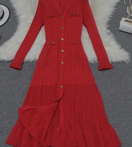 Korean 2024 New Spring Autumn Solid Temperament V-neck Knitted Dresses Women's Elegant Long Sleeve Office Buttons Ruffles Dress
