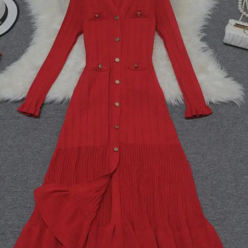 Load image into Gallery viewer, Korean 2024 New Spring Autumn Solid Temperament V-neck Knitted Dresses Women's Elegant Long Sleeve Office Buttons Ruffles Dress
