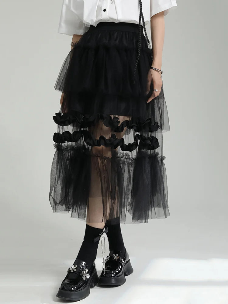 High Elastic Waist Black Irregular Mesh Perspective Midi Half-body Skirt Women Fashion Tide New Spring Autumn 2025 1DF7528