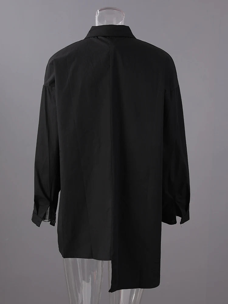 Women Black Topstitched Irregular Big Size Blouse New Lapel Long Sleeve Shirt Fashion Tide Spring Autumn 2025 30A2056