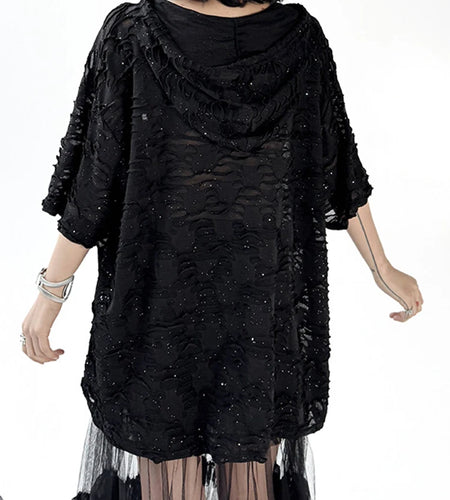 Women Black Jacquard Perspective Big Size Casual T-shirt New Hooded Half Sleeve Fashion Tide Spring Summer 2025 1DJ1160