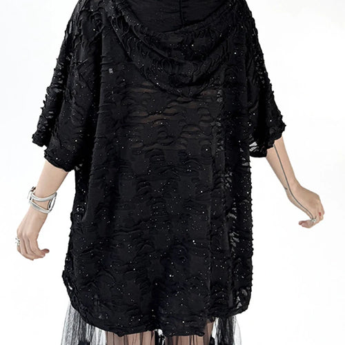 Load image into Gallery viewer, Women Black Jacquard Perspective Big Size Casual T-shirt New Hooded Half Sleeve Fashion Tide Spring Summer 2025 1DJ1160
