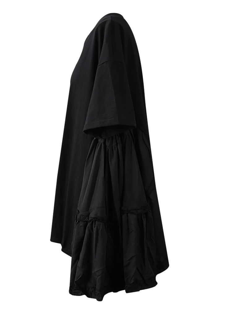 Women Black Ruffles Irregular Big Size Mini Dress New Round Neck Short Sleeve Fashion Tide Spring Summer 2025 1DH9574
