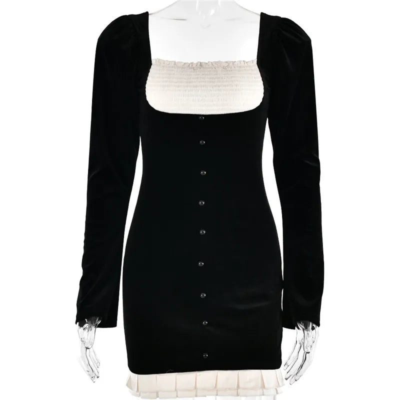 Elegant Long Sleeve Backless Sexy Mini Dress  Women Autumn Winter New Patchwork Square Collar Bodycon Club Party Dress