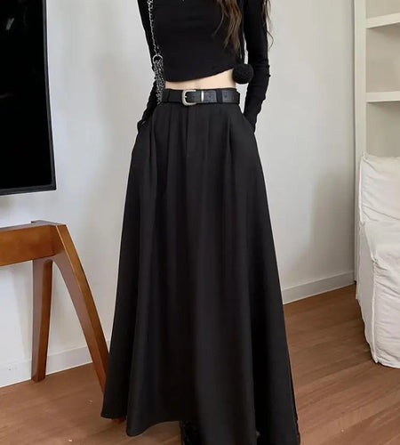 Korean Black High Waist Pleated Woman Grey Suit Skirt Female 2023 Autumn Ladies Casual Fashion Beige Festival A-line Long Skirts