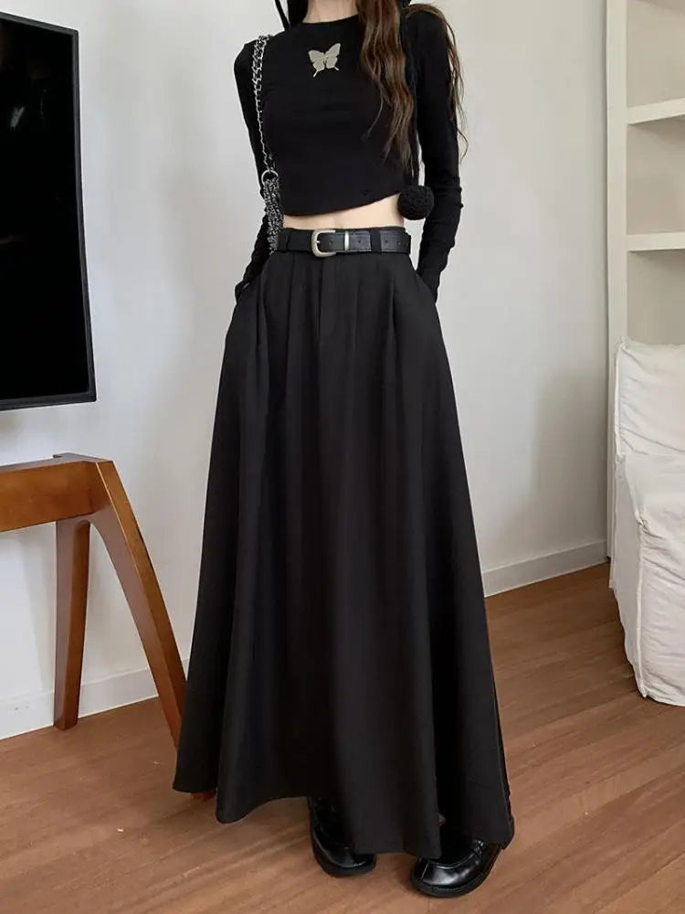 Korean Black High Waist Pleated Woman Grey Suit Skirt Female 2023 Autumn Ladies Casual Fashion Beige Festival A-line Long Skirts