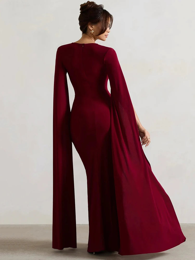 Long Cape Sleeve Split Maxi Dress For Women Gown Fashion Solid Square Collar Evening Sexy Long Dress Elegant New