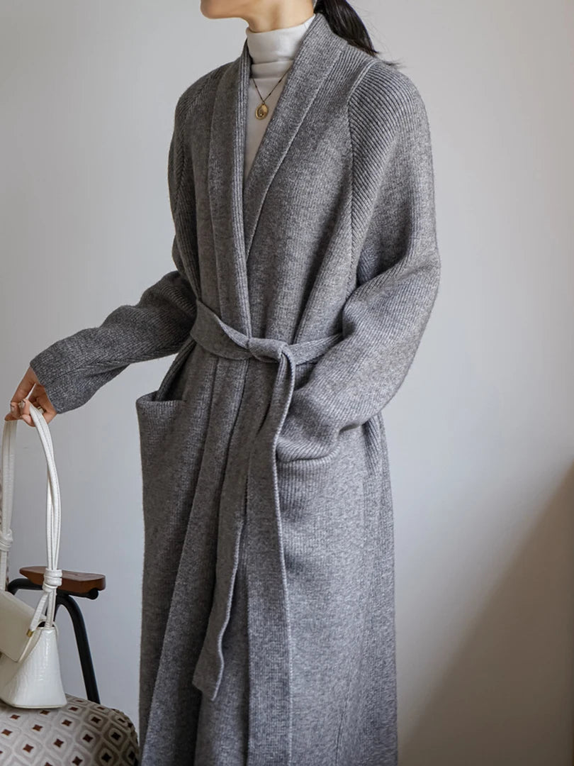 Black Belted Big Size Long Knitting Cardigan Sweater V-Neck Long Sleeve Women New Fashion Tide Spring Autumn 2025 1DH6446