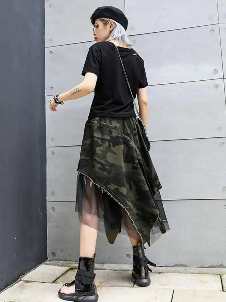 High Elastic Waist Camouflage Irregular Mesh A-line Half-body Skirt Women Fashion Tide New Spring Autumn 2025 1DH6094