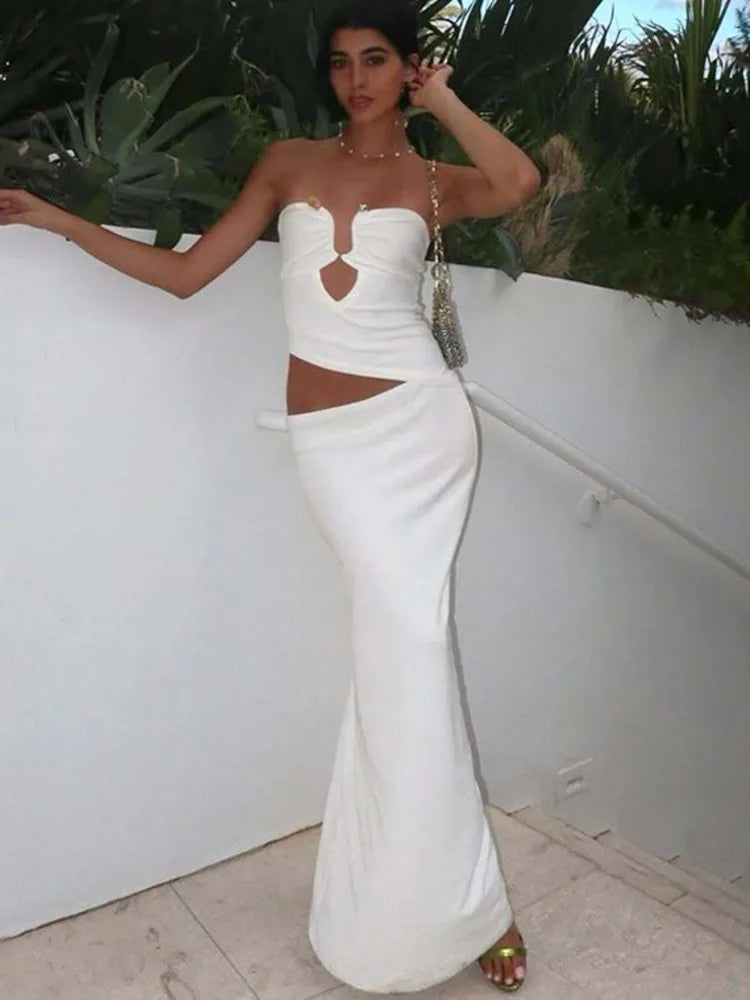 Strapless Hollow Out Sexy Maxi Dress Women Gown Summer New Off-shoulder Backless Sleeveless Beach Club Long Dress
