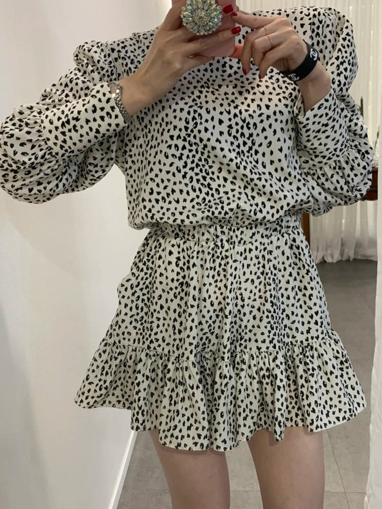 Chicly Vintage Leopard Print Slim Waist Casual Women Dresses Autumn Fashion O-neck Long Sleeve Simple A-line Female Mini Dresses