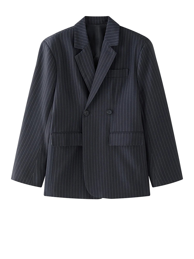 Women Black Gray Striped Back Zipper Slit Big Size Blazer New Lapel Long Sleeve Jacket Fashion Spring Autumn 2025 1DH9499