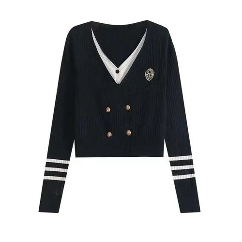 Load image into Gallery viewer, French Fashion 2024 New Patchwork Elegant Long Sleeved Sweater Autumn Winter Women's V Neck Double Breasted Cardigan Knitted Top
