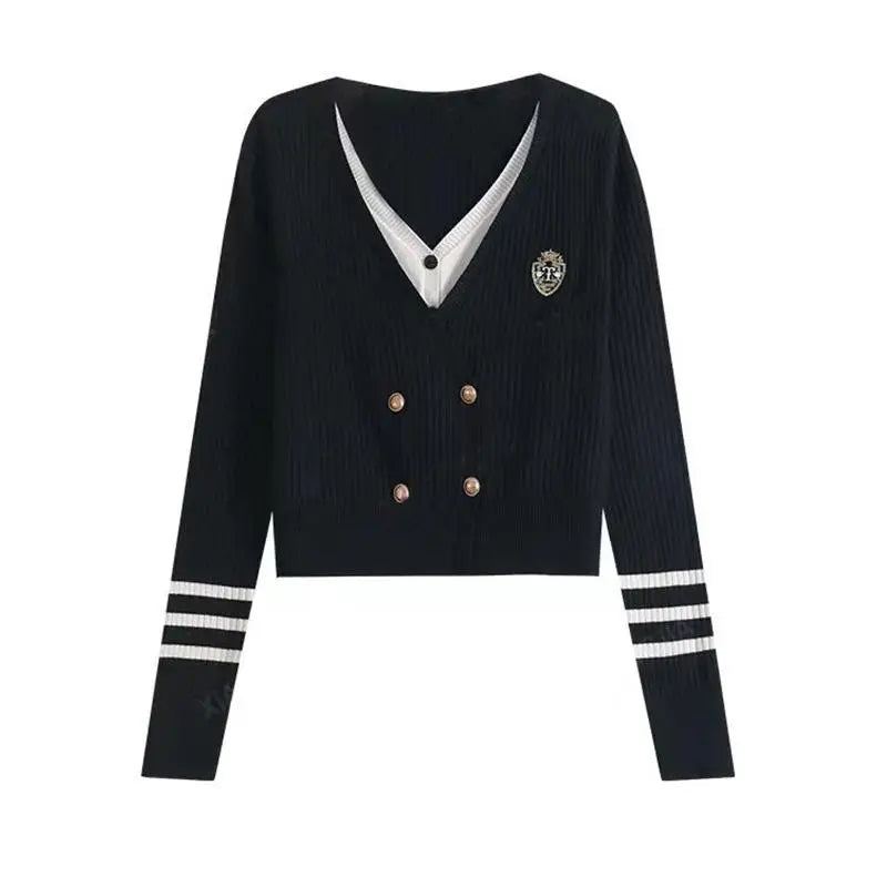 French Fashion 2024 New Patchwork Elegant Long Sleeved Sweater Autumn Winter Women's V Neck Double Breasted Cardigan Knitted Top