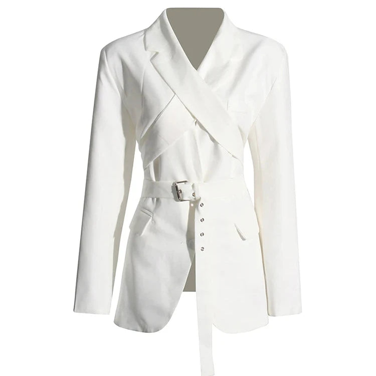 Solid Spliced Belt Crisscross Designer Blazer For Women Lapel Neck Long Sleeve Loose Coat Female Fashion Style New