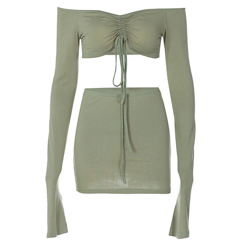 Load image into Gallery viewer, Sexy Two Piece Set Women Outfit Green Strapless Full Sleeve Crop Top And Mini Skirt Matching Sets Female Dress Set
