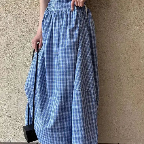 Load image into Gallery viewer, Women Dark Blue Plaid Pocket Vintage Long Elegant Vest Dress New V-Neck Sleeveless Fashion Tide Spring Summer 2025 1DJ0667
