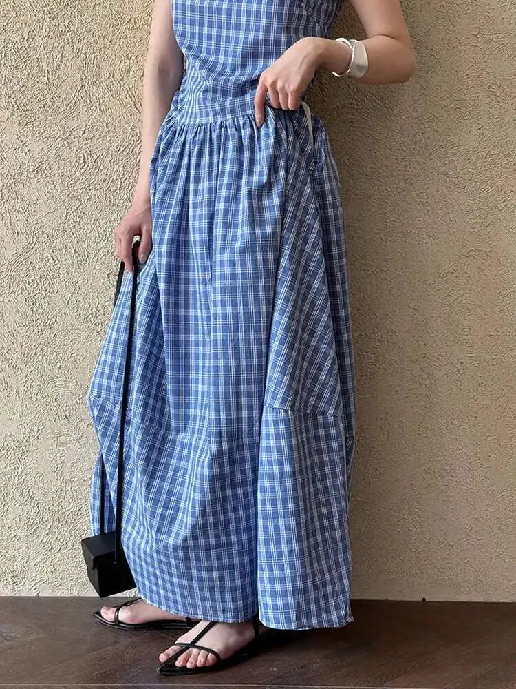 Women Dark Blue Plaid Pocket Vintage Long Elegant Vest Dress New V-Neck Sleeveless Fashion Tide Spring Summer 2025 1DJ0667