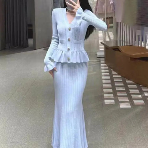 Load image into Gallery viewer, French Women Black White V Neck Elegant Slim Long Sleeved Dress Spring Blue Single Breasted Office Lady Knit Fishtail Dress Chic

