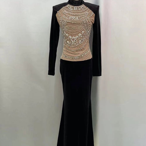 Load image into Gallery viewer, Hit Color Spliced Diamonds Slimming Dresses For Women O Neck Long Sleeve High Waist Temperament Dress Female New
